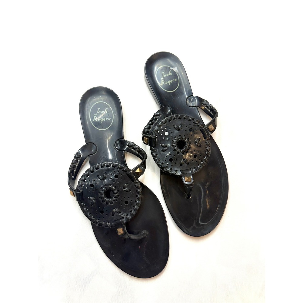 JACK ROGERS Womens 9 Black Gold Studded Waterproof Jelly Thong Flip Flop Sandals